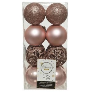 Decoris kerstballenset kunststof mix 16 delig dia6cm poeder rose