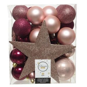 Decoris Onbreekbare kerstballenset a 33 stuks roze bordeaux